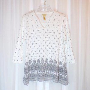 BIT & BRIDLE Top Size SMALL White with Black Geometric Floral Print Tunic Boho